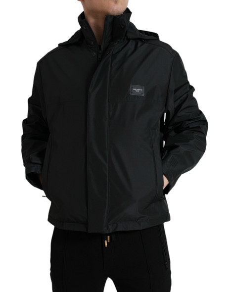 Black Polyester Logo Plaque Hooded Jacket Black Polyester Logo Plaque Hooded Jacket