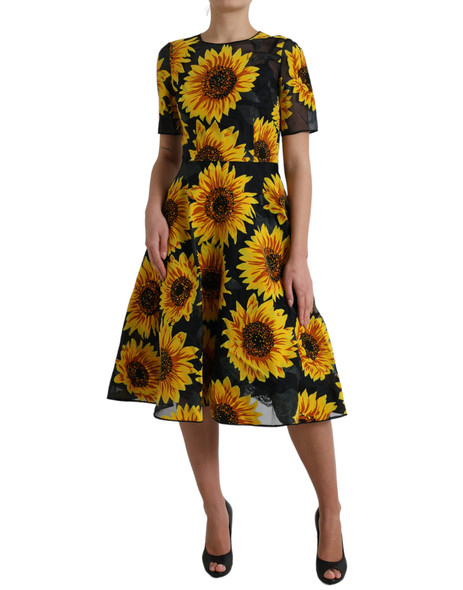 Black Sunflower Print Nylon A-line Midi Dress Black Sunflower Print Nylon A-line Midi Dress