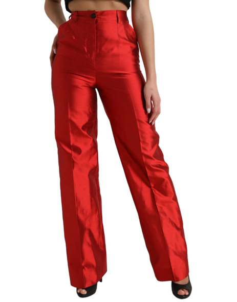 Dolce & Gabbana Red Satin Silk High Waist Wide Leg Pants Dolce & Gabbana Red Satin Silk High Waist Wide Leg Pants
