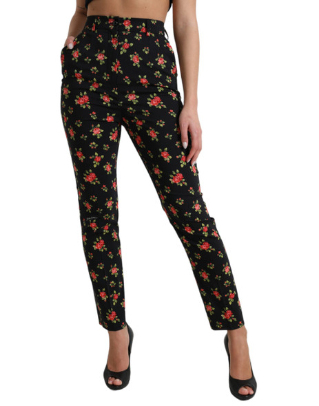 Dolce & Gabbana Black Floral Wool High Waist Tapered Pants Dolce & Gabbana Black Floral Wool High Waist Tapered Pants