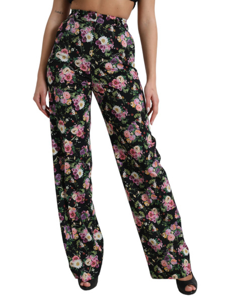 Dolce & Gabbana Black Floral Wool High Waist Wide Leg Pants Dolce & Gabbana Black Floral Wool High Waist Wide Leg Pants