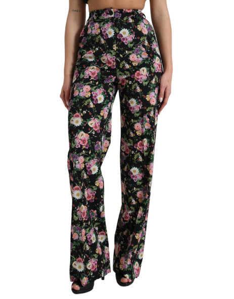 Dolce & Gabbana Black Floral Wool High Waist Wide Leg Pants Dolce & Gabbana Black Floral Wool High Waist Wide Leg Pants