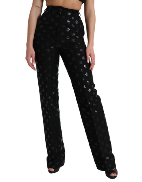 Dolce & Gabbana Black Wool DG Logo High Waist Straight Pants Dolce & Gabbana Black Wool DG Logo High Waist Straight Pants
