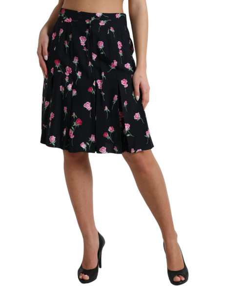 Dolce & Gabbana Black Rose High Waist A-line Knee Length Skirt Dolce & Gabbana Black Rose High Waist A-line Knee Length Skirt