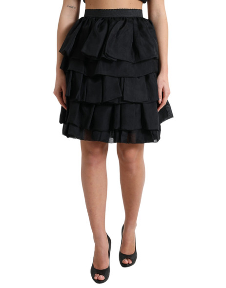 Black Tiered Aline High Waist Silk Mini Skirt Black Tiered Aline High Waist Silk Mini Skirt