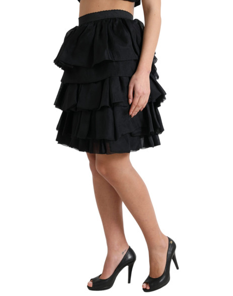 Black Tiered Aline High Waist Silk Mini Skirt Black Tiered Aline High Waist Silk Mini Skirt