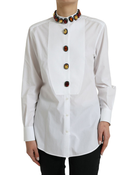 Dolce & Gabbana White Cotton Crystals Embellished Shirt Top Dolce & Gabbana White Cotton Crystals Embellished Shirt Top