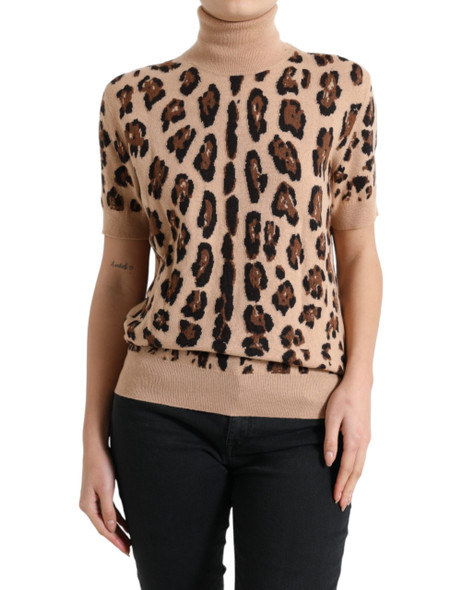 Beige Leopard Print Wool Turtleneck Top Beige Leopard Print Wool Turtleneck Top