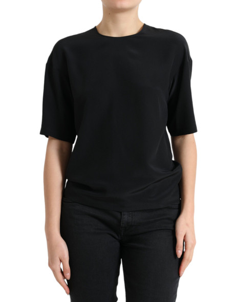 Black Silk Round Neck Short Sleeve Blouse Top Black Silk Round Neck Short Sleeve Blouse Top