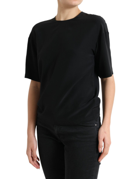 Black Silk Round Neck Short Sleeve Blouse Top Black Silk Round Neck Short Sleeve Blouse Top