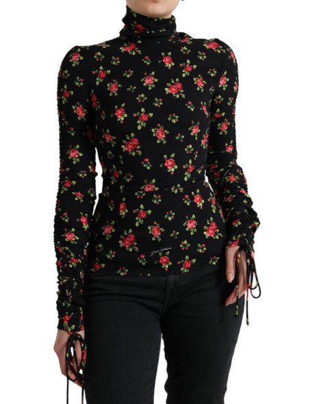 Black Rose Print Turtle Neck Blouse Top Black Rose Print Turtle Neck Blouse Top