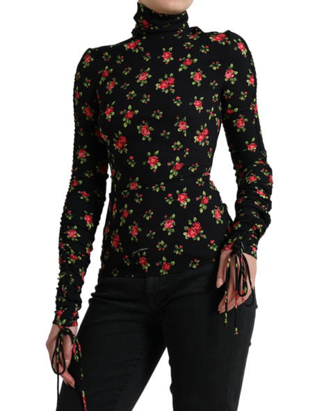 Black Rose Print Turtle Neck Blouse Top Black Rose Print Turtle Neck Blouse Top