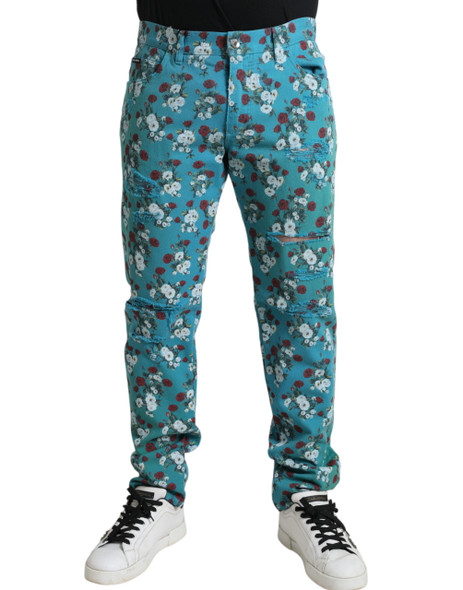 Dolce & Gabbana Blue Floral Print Skinny Cotton Denim Pants Dolce & Gabbana Blue Floral Print Skinny Cotton Denim Pants