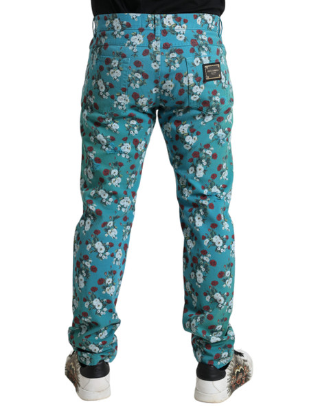 Blue Floral Print Skinny Cotton Denim Pants Blue Floral Print Skinny Cotton Denim Pants