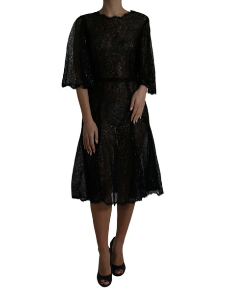 Dolce & Gabbana Black Floral Lace Sheer A-line Midi Dress Dolce & Gabbana Black Floral Lace Sheer A-line Midi Dress