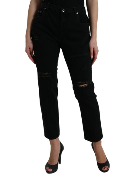 Dolce & Gabbana Black Cotton High Waist Tattered Denim Jeans PAN75000 Dolce & Gabbana Black Cotton High Waist Tattered Denim Jeans PAN75000