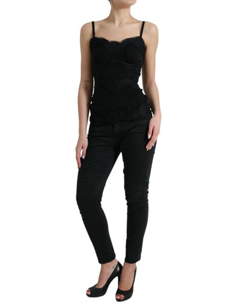 Dolce & Gabbana Black Silk Stretch Lace Sleeveless Tank Top Dolce & Gabbana Black Silk Stretch Lace Sleeveless Tank Top
