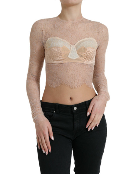 Dolce & Gabbana Beige Nylon Floral Lace Bustier Cropped Top Dolce & Gabbana Beige Nylon Floral Lace Bustier Cropped Top