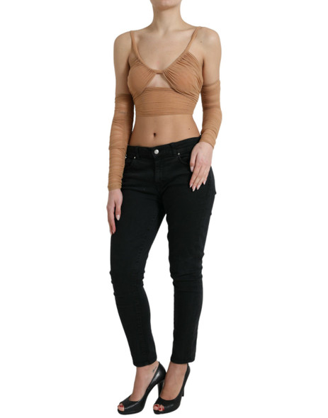 Brown Nylon Stretch Open Shoulder Cropped Top Brown Nylon Stretch Open Shoulder Cropped Top