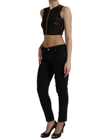 Brown Embellished Nylon Stretch Cropped Top Brown Embellished Nylon Stretch Cropped Top