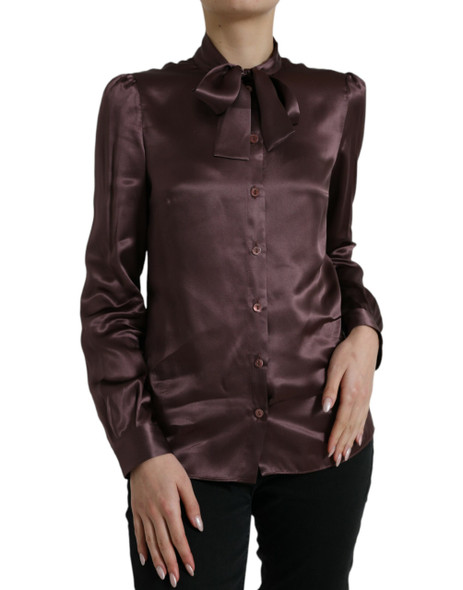 Brown Silk Ascot Collar Long Sleeve Blouse Top Brown Silk Ascot Collar Long Sleeve Blouse Top
