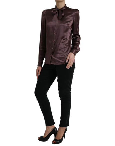 Brown Silk Ascot Collar Long Sleeve Blouse Top Brown Silk Ascot Collar Long Sleeve Blouse Top