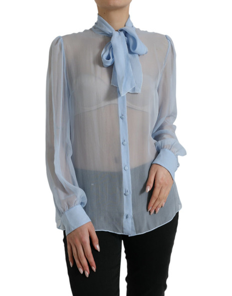 Blue Long Sleeves Ascot Collar Blouse Top Blue Long Sleeves Ascot Collar Blouse Top