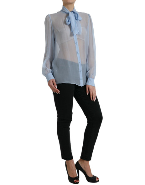 Blue Long Sleeves Ascot Collar Blouse Top Blue Long Sleeves Ascot Collar Blouse Top