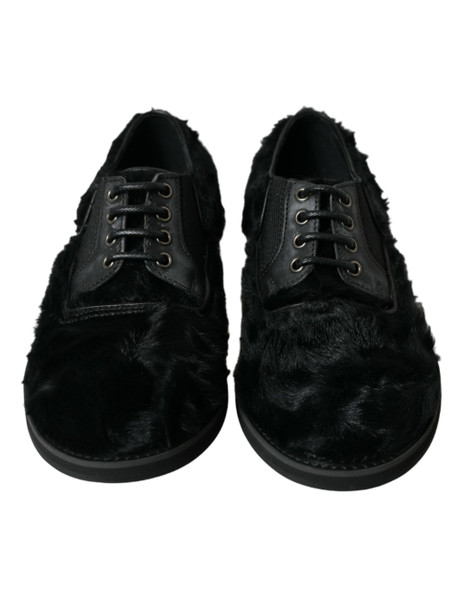 Dolce & Gabbana Black Fur Leather Lace Up Derby Dress Shoes Dolce & Gabbana Black Fur Leather Lace Up Derby Dress Shoes