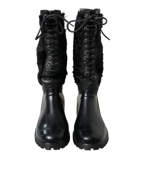 Black Rubber Lace Up Shearling Rain Boots Shoes Black Rubber Lace Up Shearling Rain Boots Shoes