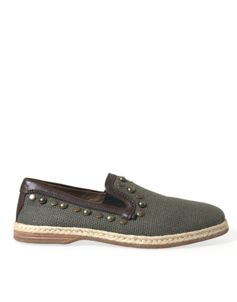Dolce & Gabbana Gray Linen Leather Studded Loafers Shoes Dolce & Gabbana Gray Linen Leather Studded Loafers Shoes
