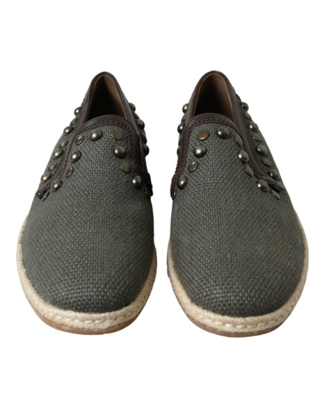 Gray Linen Leather Studded Loafers Shoes Gray Linen Leather Studded Loafers Shoes