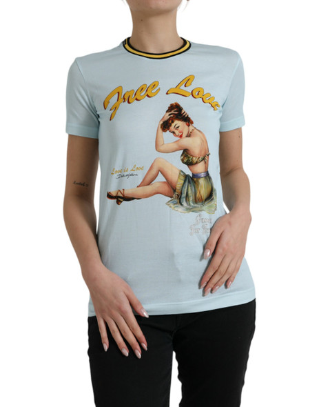 Dolce & Gabbana Light Blue Cotton Free Love Crew Neck T-shirt Dolce & Gabbana Light Blue Cotton Free Love Crew Neck T-shirt