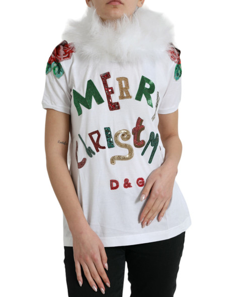 White Cotton Christmas Sequin Fur T-shirt TSH84529 White Cotton Christmas Sequin Fur T-shirt TSH84529