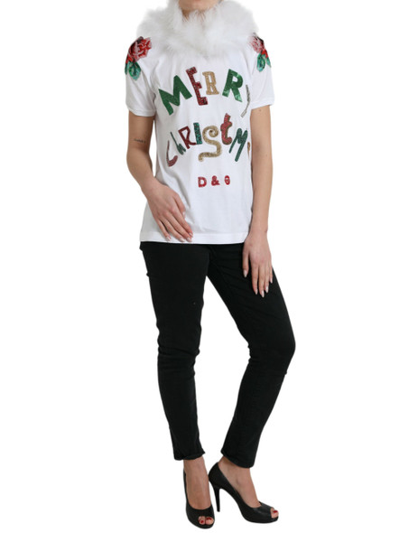 White Cotton Christmas Sequin Fur T-shirt TSH84529 White Cotton Christmas Sequin Fur T-shirt TSH84529