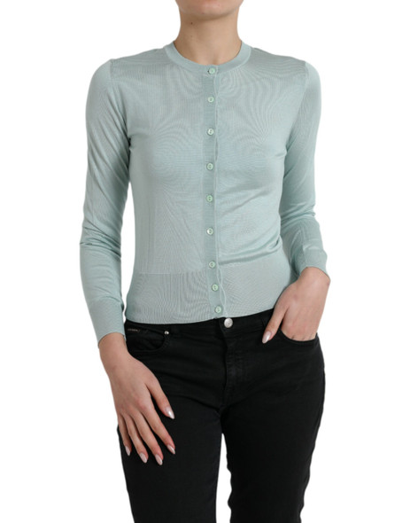 Light Blue Silk Crew Neck Cardigan Sweater Light Blue Silk Crew Neck Cardigan Sweater