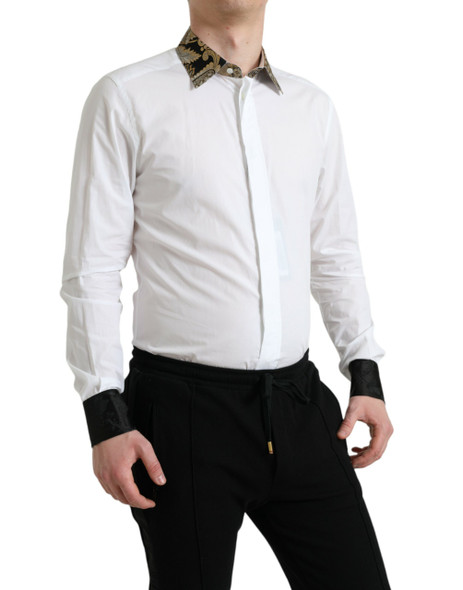 Dolce & Gabbana White Cotton Jacquard Formal GOLD Dress Shirt Dolce & Gabbana White Cotton Jacquard Formal GOLD Dress Shirt