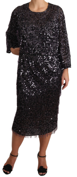 Dolce & Gabbana Black Sequined Long Sleeve Shift Midi Dress Dolce & Gabbana Black Sequined Long Sleeve Shift Midi Dress