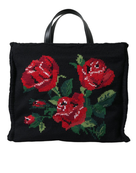 Black Cashmere Rose Embroidery Shopping Tote Bag Black Cashmere Rose Embroidery Shopping Tote Bag