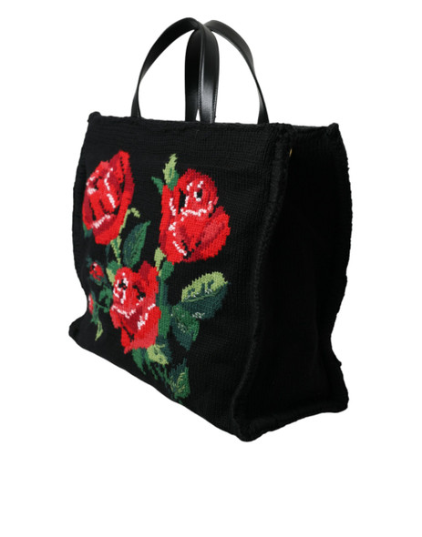 Black Cashmere Rose Embroidery Shopping Tote Bag Black Cashmere Rose Embroidery Shopping Tote Bag