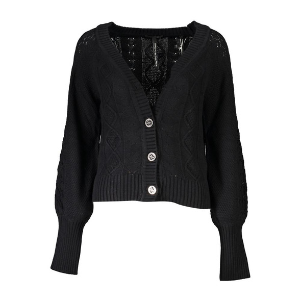 Elegant Long Sleeve Black Cardigan with Contrast Details Elegant Long Sleeve Black Cardigan with Contrast Details