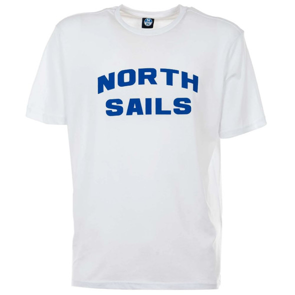 Elegant White Cotton Tee with Bold Blue Logo Elegant White Cotton Tee with Bold Blue Logo