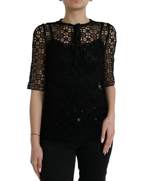 Black Floral Lace Short Sleeves Blouse Top Black Floral Lace Short Sleeves Blouse Top