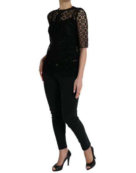 Black Floral Lace Short Sleeves Blouse Top Black Floral Lace Short Sleeves Blouse Top