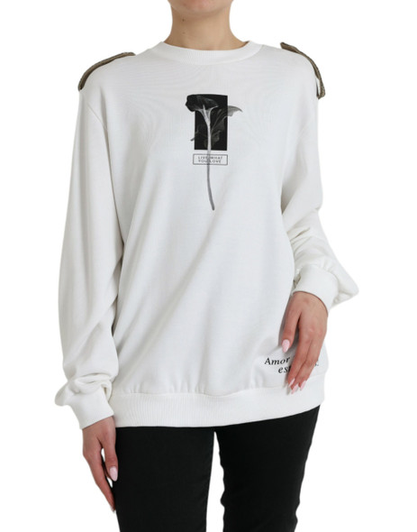 White Floral Cotton Crew Neck Pullover Sweater White Floral Cotton Crew Neck Pullover Sweater