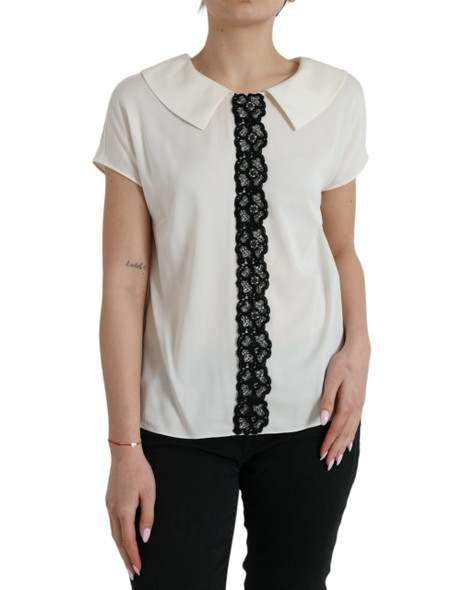 Off White Silk Lace Trim Short Sleeves Top Off White Silk Lace Trim Short Sleeves Top