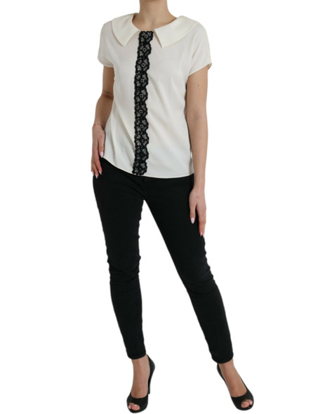 Off White Silk Lace Trim Short Sleeves Top Off White Silk Lace Trim Short Sleeves Top