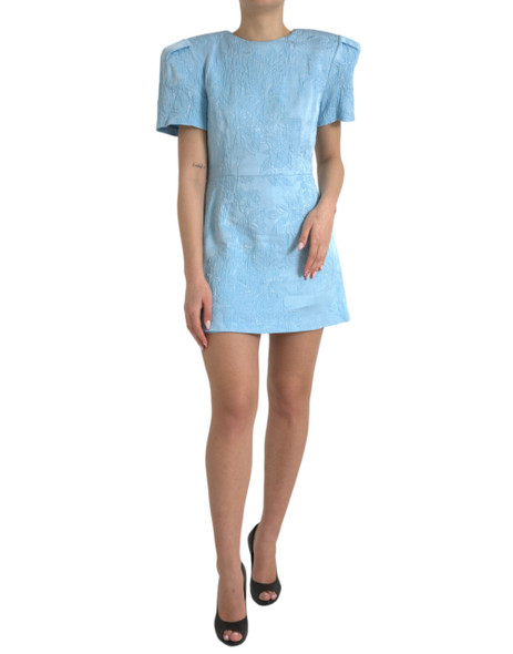 Light Blue Floral Jacquard Puff Sleeve Mini Dress Light Blue Floral Jacquard Puff Sleeve Mini Dress