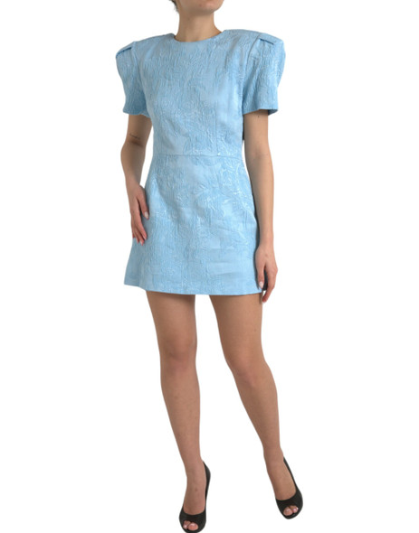 Light Blue Floral Jacquard Puff Sleeve Mini Dress Light Blue Floral Jacquard Puff Sleeve Mini Dress