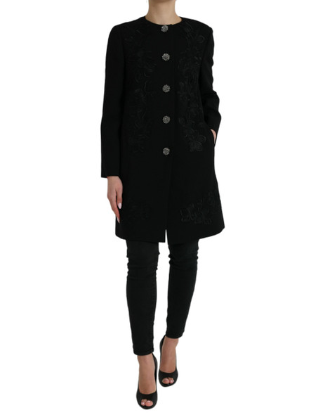 Black Floral Wool Button Embellished Jacket Black Floral Wool Button Embellished Jacket